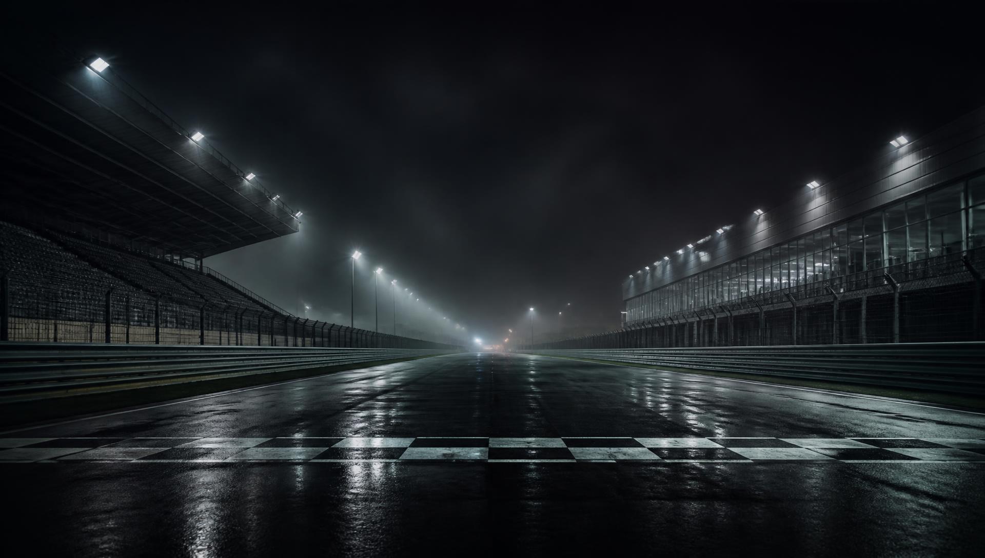 Empty circuit start-finish straight at night under floodlights