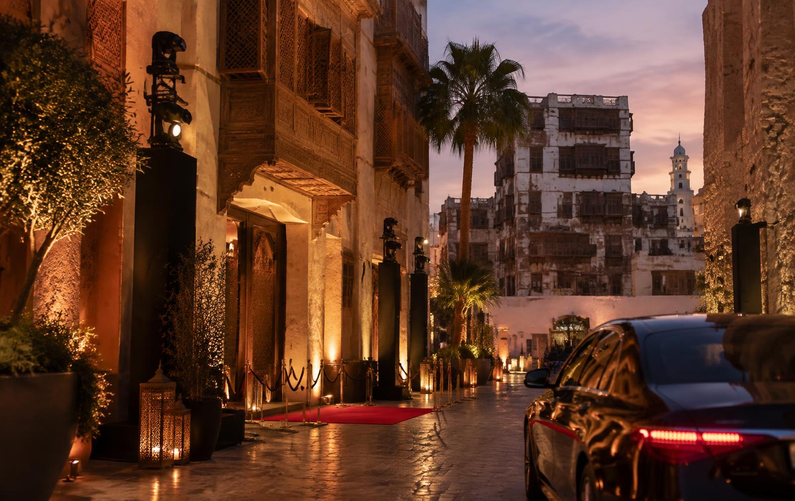 Historic Jeddah Al-Balad at twilight during a private film festival arrival