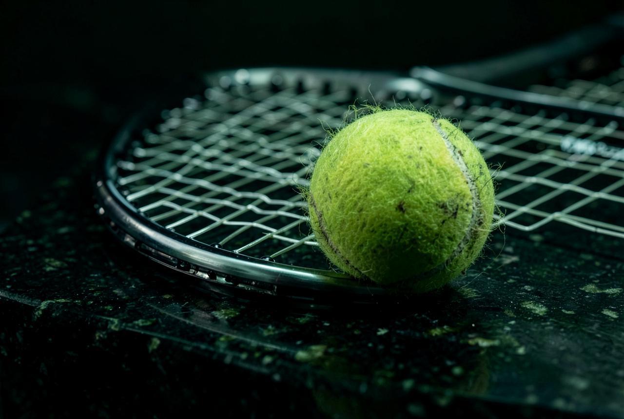 Macro detail of tennis racquet strings and a ball resting on dark stone