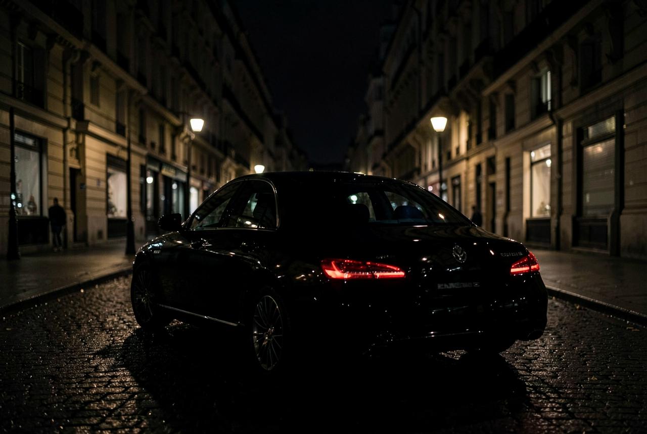 Black chauffeured sedan waiting on a dark Paris street at night