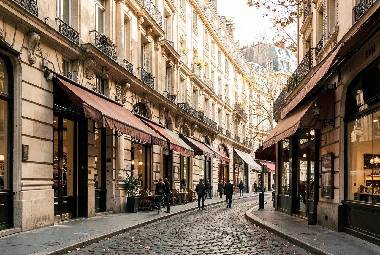 Quiet Parisian luxury shopping street in autumn light