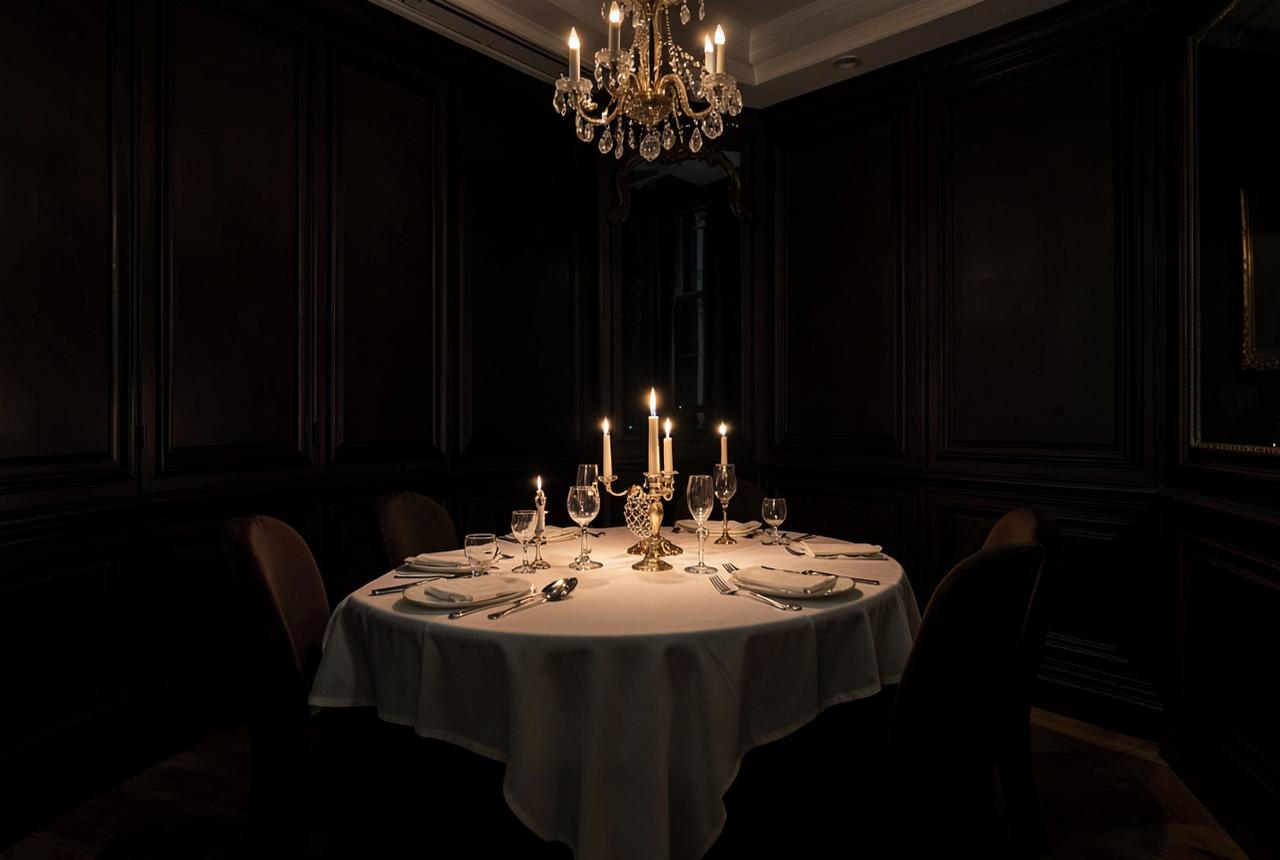 Candlelit private dining room in a Paris palace hotel