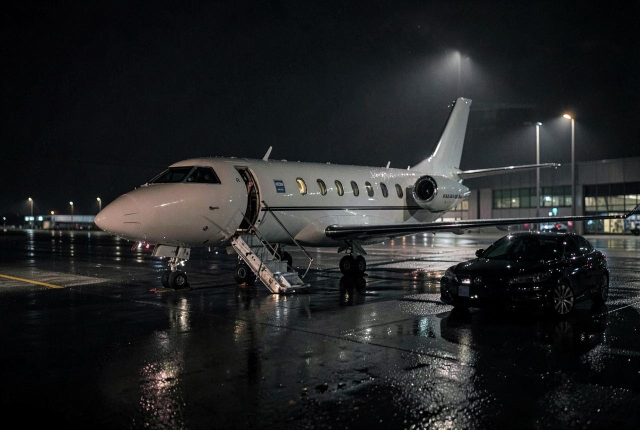 Private jet on a rain-slicked apron at night with a black sedan waiting alongside