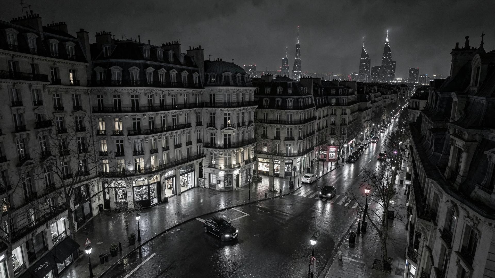 Paris boulevard at night with lit facades, a black sedan waiting and the La Défense towers beyond