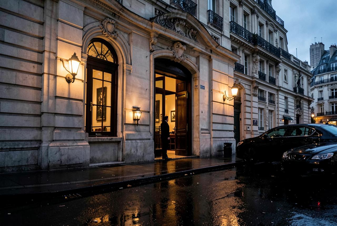 Entrance of a Parisian palace hotel at dusk with warm lamplight and a waiting car
