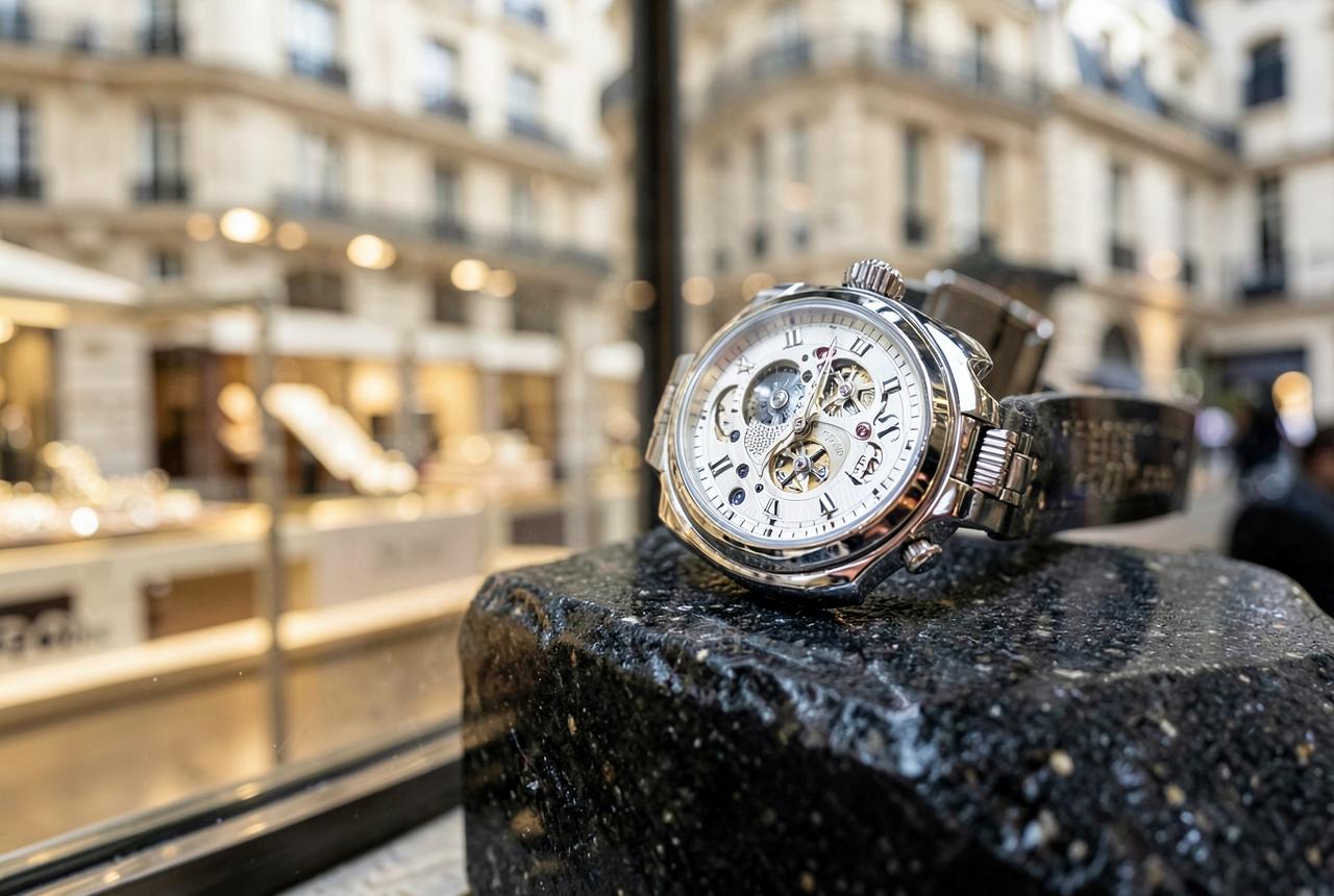 Fine mechanical wristwatch on dark stone with Parisian architecture reflected behind