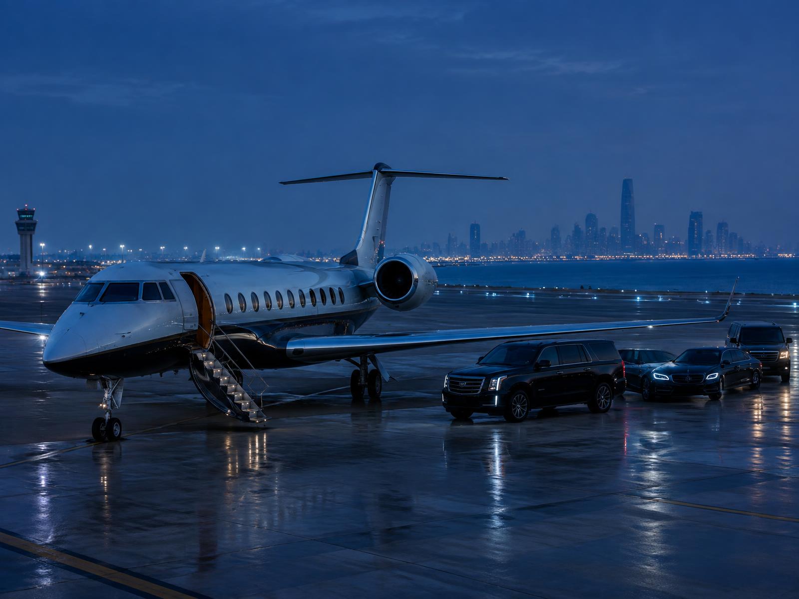 Private aircraft and executive vehicles at blue hour