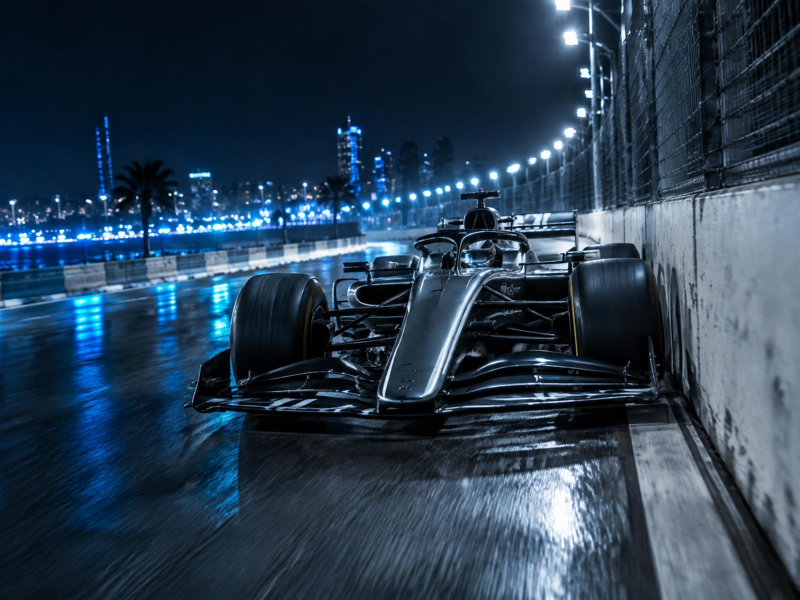 Racing car close to a street-circuit barrier at night