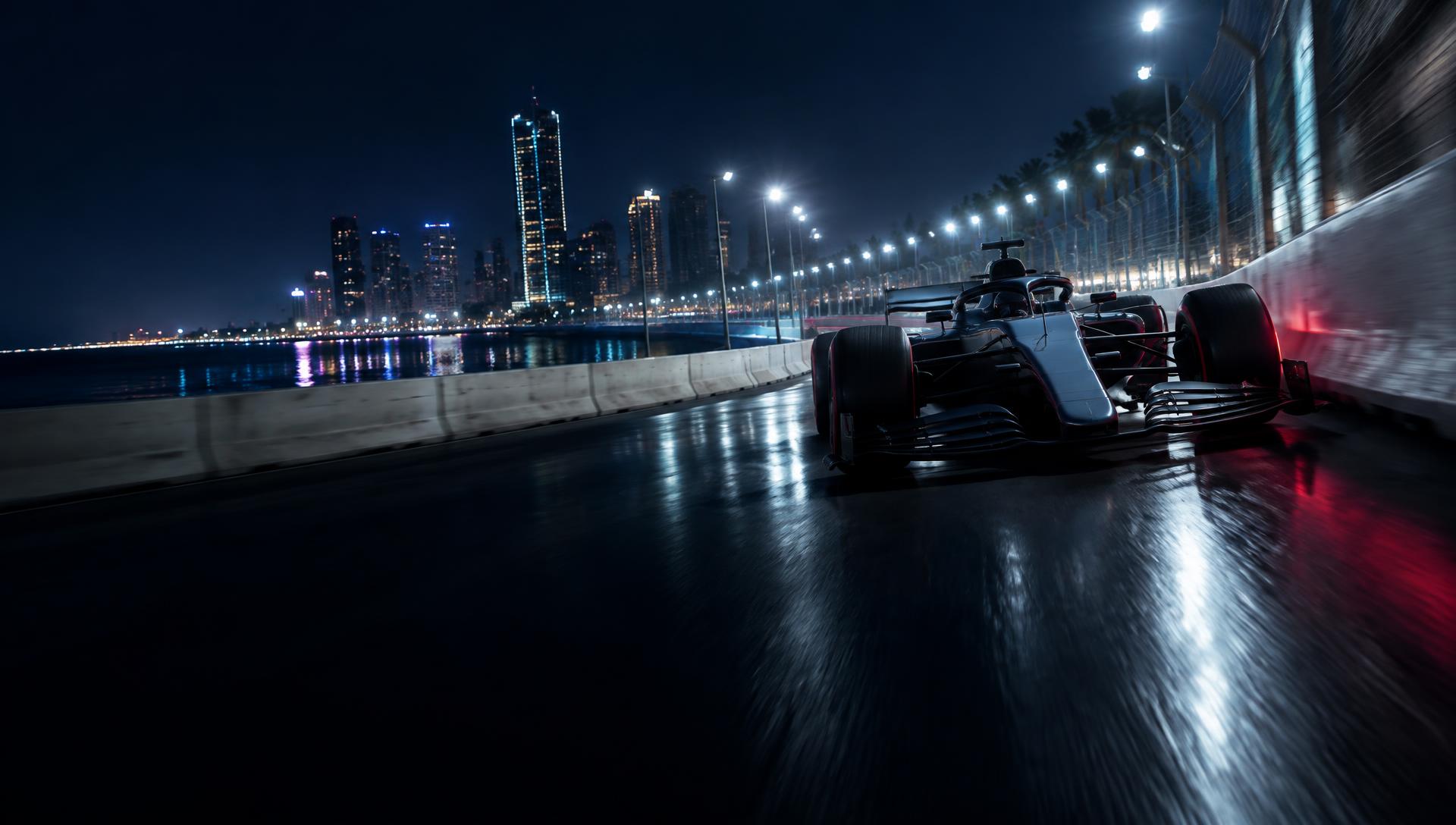 Unbranded racing car on a floodlit Jeddah waterfront street circuit