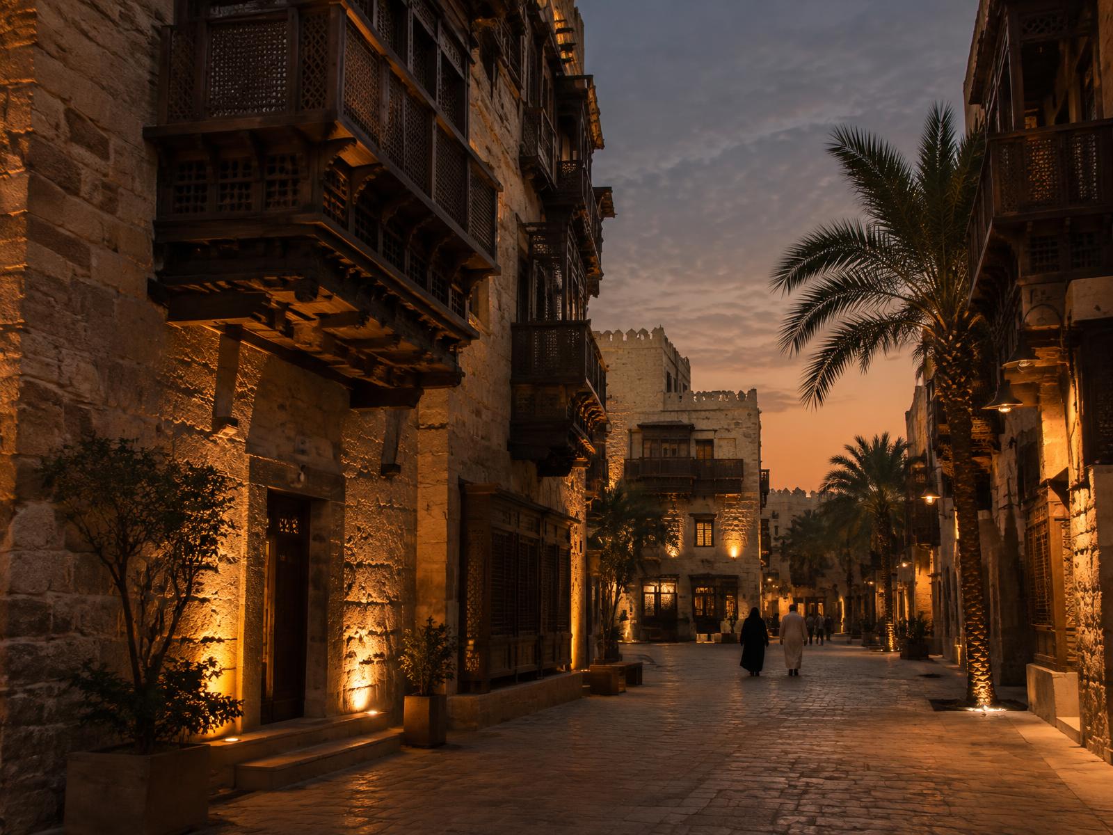 Historic architecture in Al-Balad Jeddah after dusk