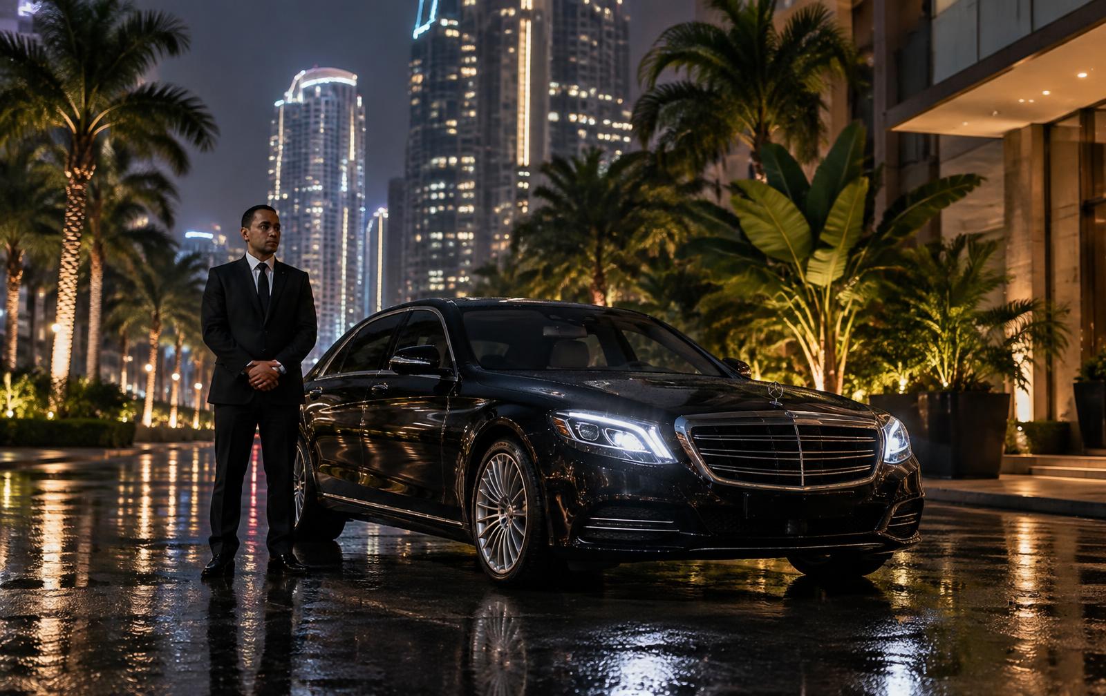 Chauffeur waiting beside a black luxury sedan on a Singapore street at night