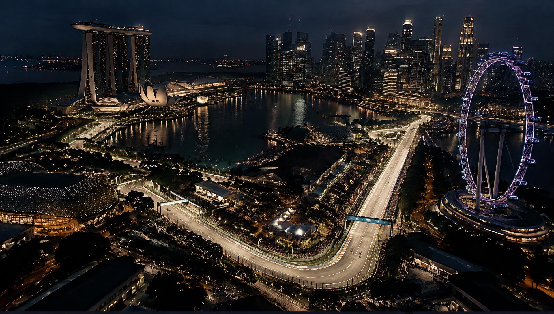 Marina Bay Street Circuit lit by floodlights with barriers lining the city streets