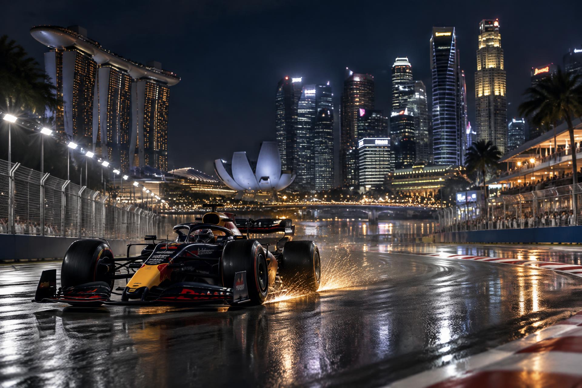Formula 1 car racing under floodlights past the illuminated Marina Bay skyline in Singapore at night