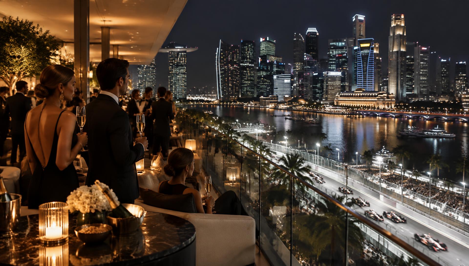 Guests in an elevated hospitality suite overlooking a floodlit street circuit