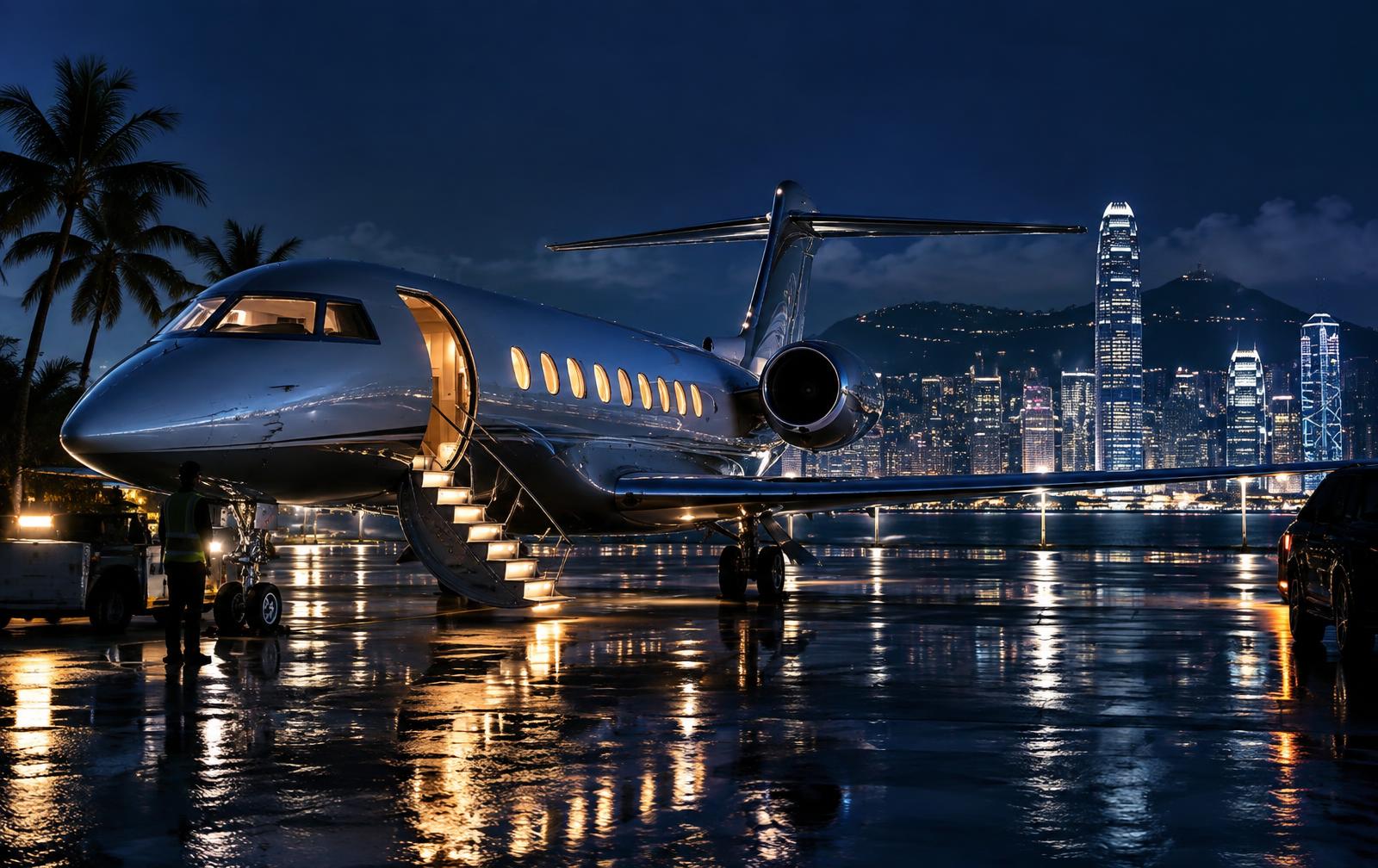 Private jet on an illuminated apron at night with a tropical city skyline behind