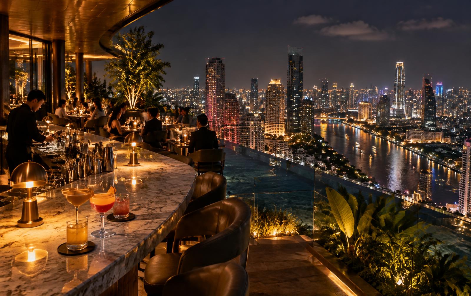 Rooftop terrace with cocktails high above the illuminated Singapore skyline