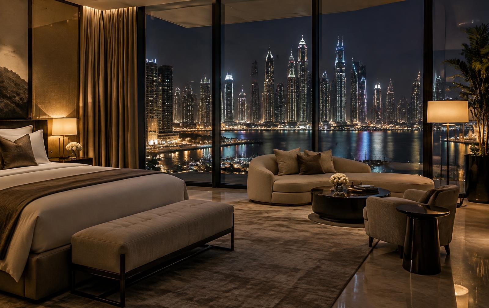 Luxury hotel suite with floor-to-ceiling windows overlooking the Singapore skyline