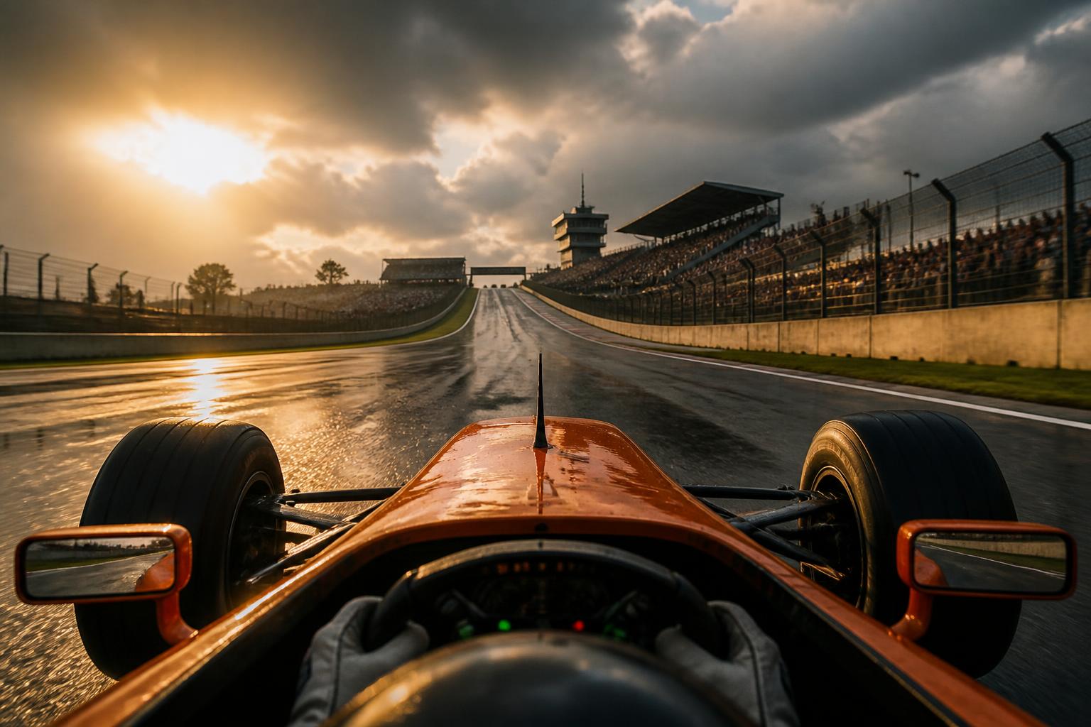 Race car climbing toward the Interlagos finish straight