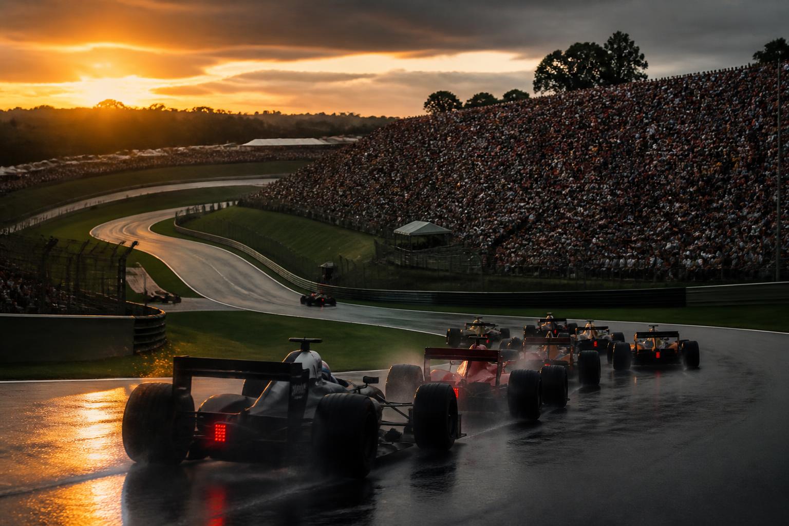 Race cars entering the opening sequence at sunset