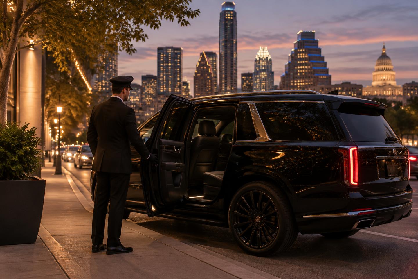Chauffeur holding open the door of a black luxury SUV on a downtown Austin street at dusk