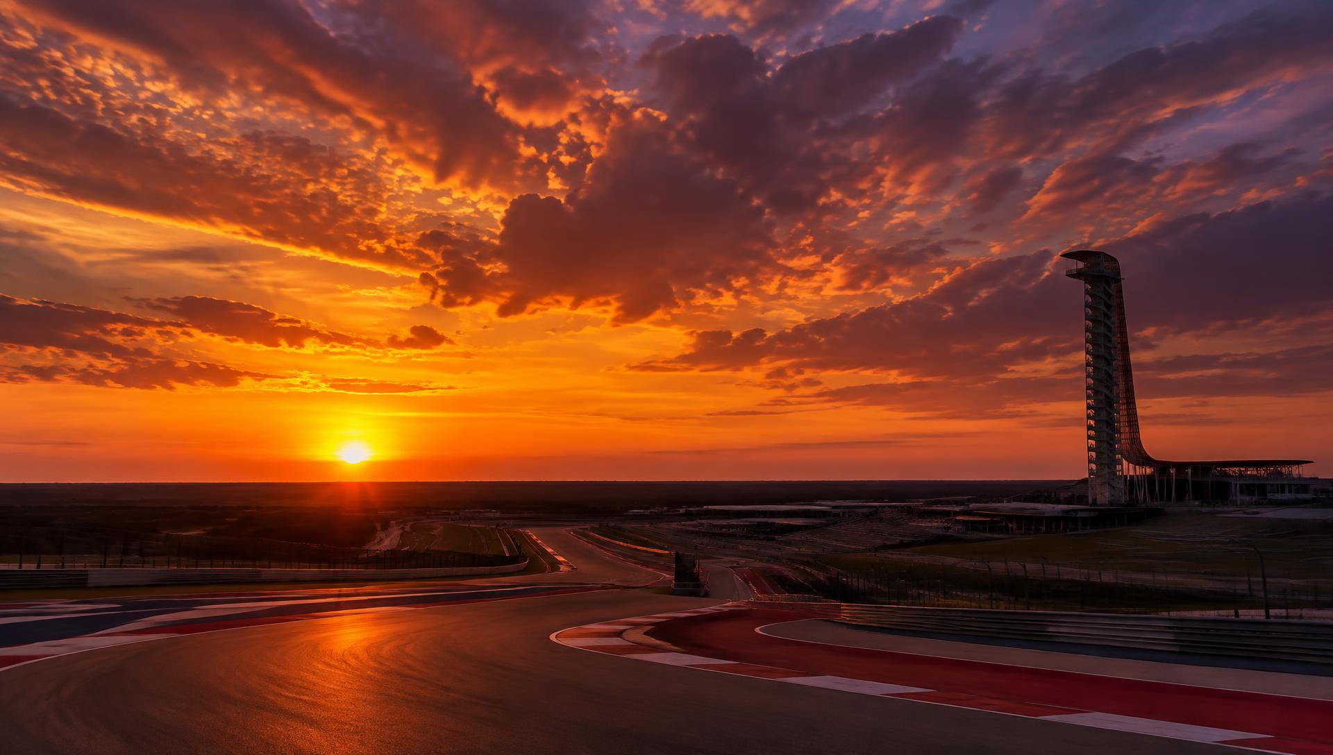 Circuit of The Americas at sunset with the observation tower against a wide Texas sky