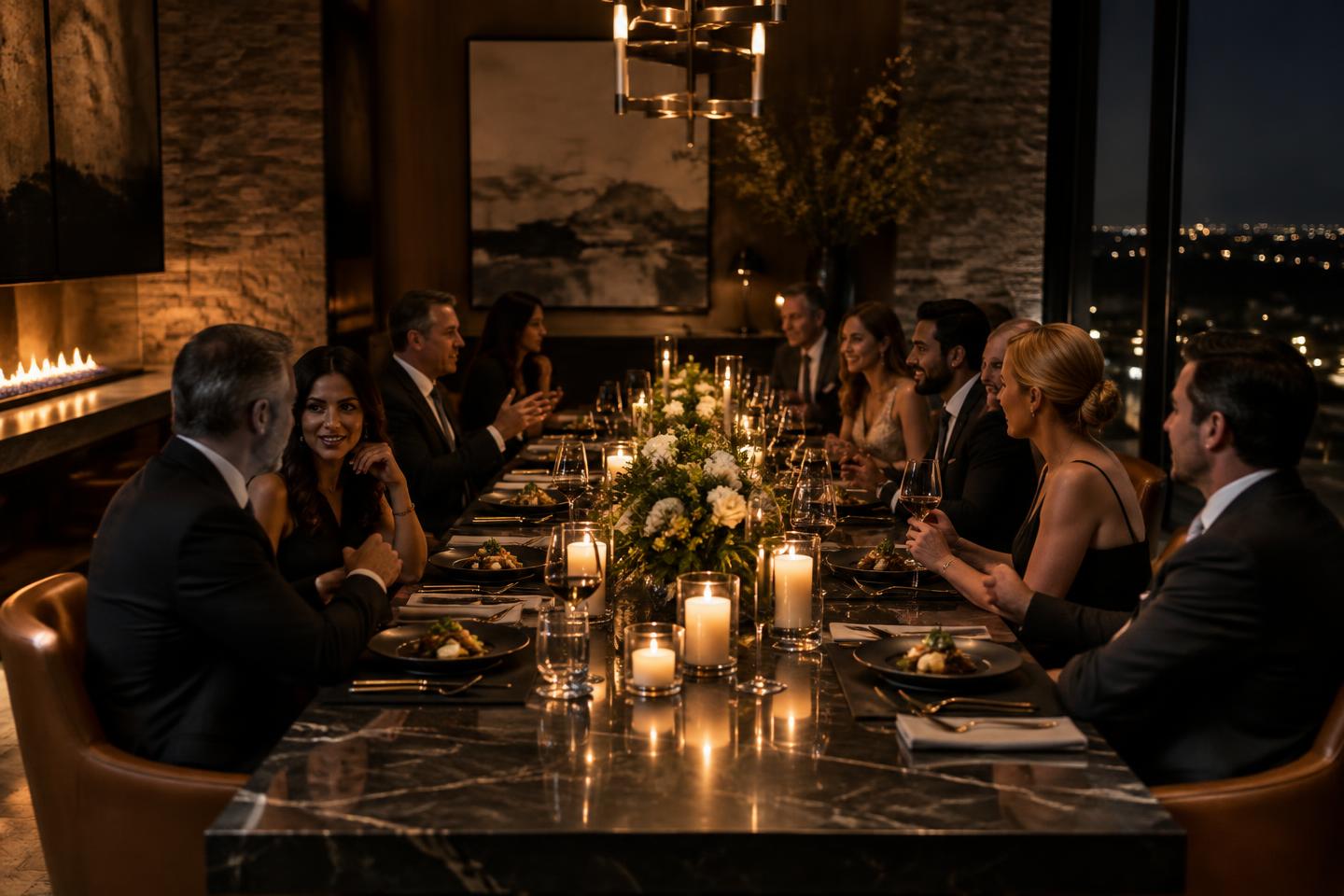 Private corporate dinner at a candlelit table in a modern Texan dining room
