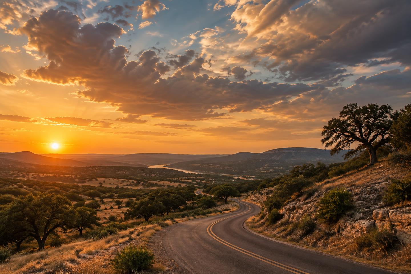 Texas Hill Country landscape at golden hour with a winding road and oak trees