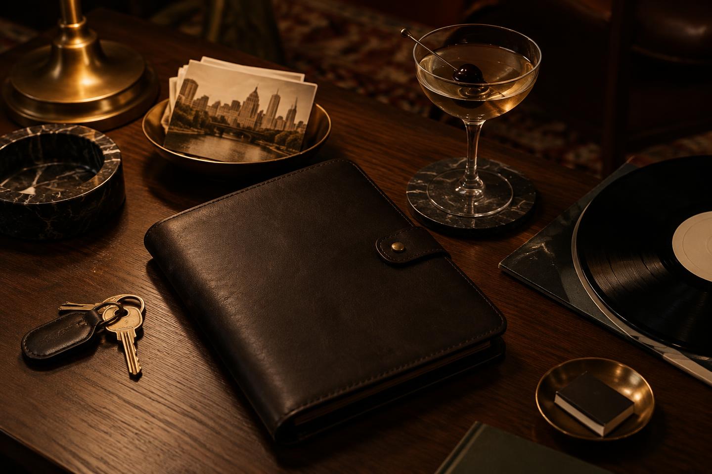 Leather folio, brass key and cocktail on a dark walnut table representing a curated Austin address book