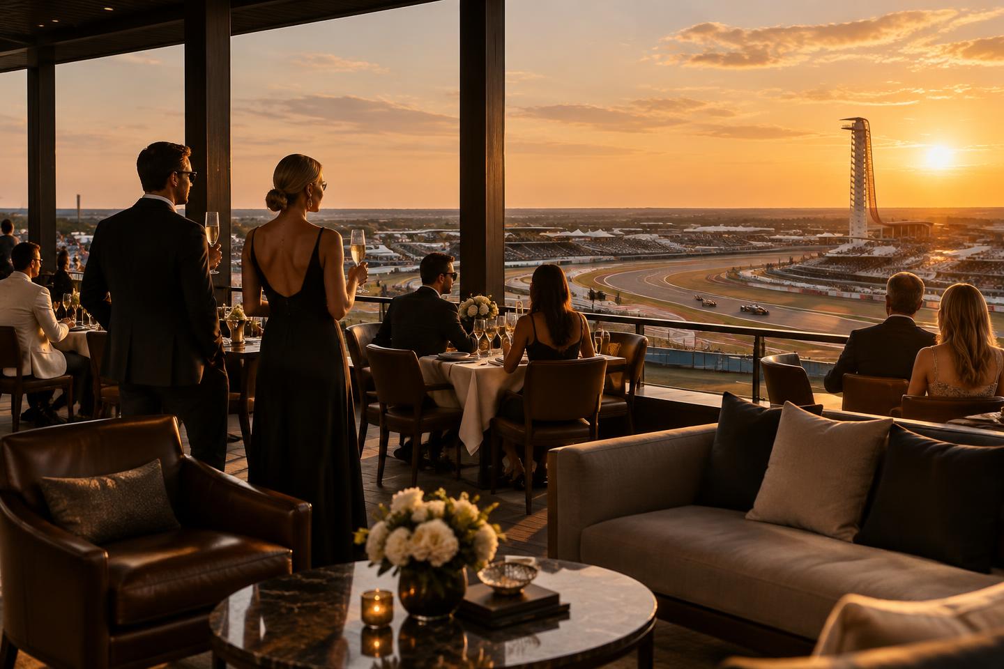 Guests watching Formula 1 cars from an elevated hospitality terrace overlooking the circuit