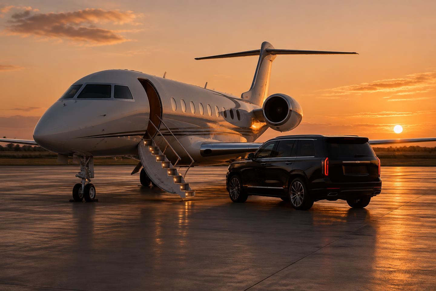 Private jet on the apron at Austin at sunset with the airstair lowered