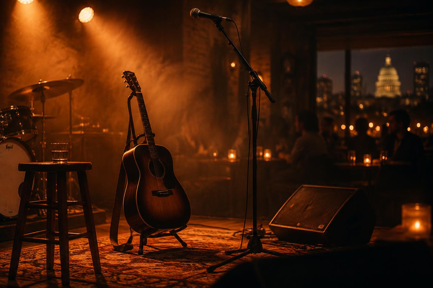 Warmly lit Austin live music stage with an acoustic guitar and microphone