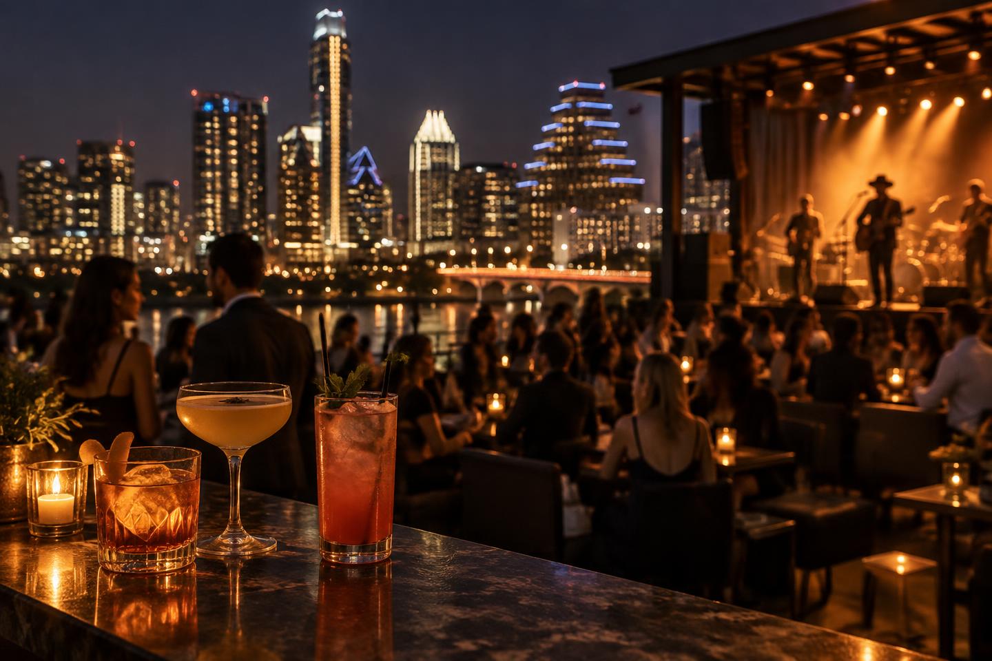 Rooftop bar overlooking the illuminated Austin skyline at night