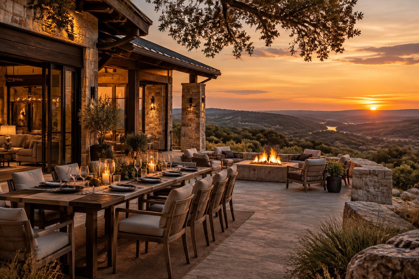 Long candlelit dining table on the terrace of a contemporary Texas ranch at sunset