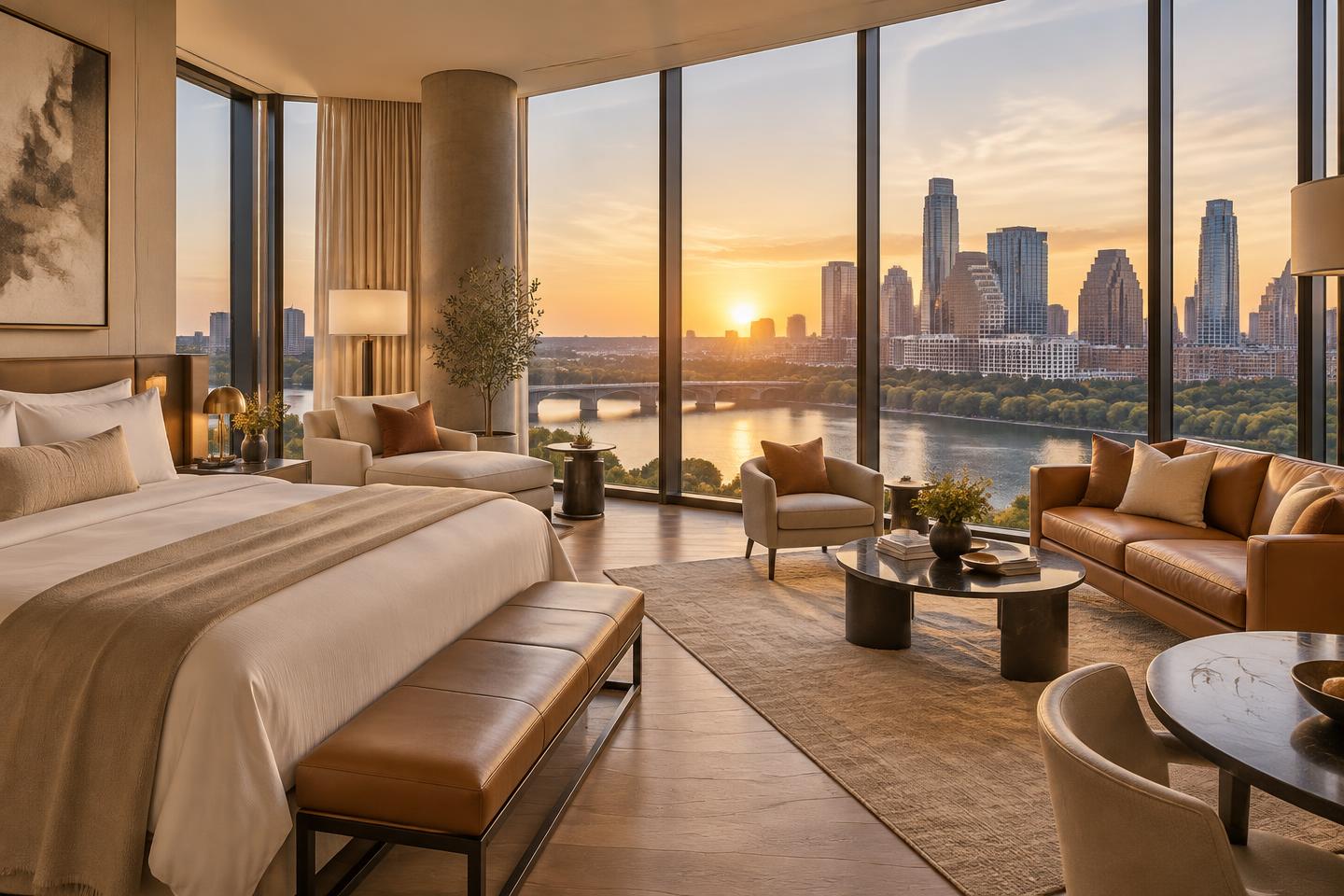 Luxury hotel suite in Austin with floor-to-ceiling windows over the city