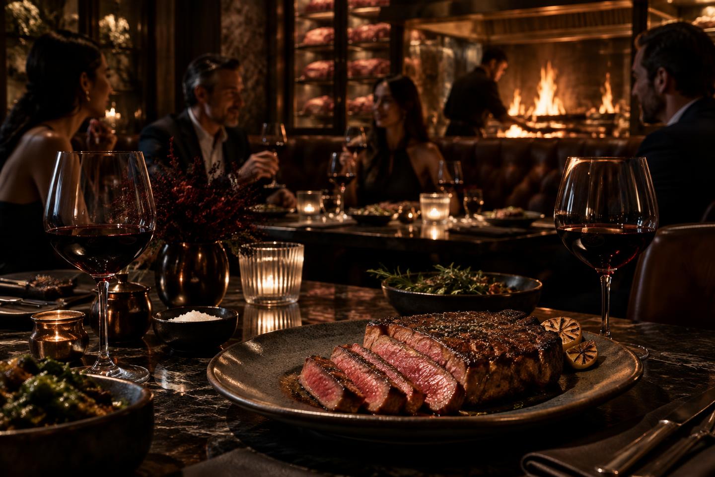 Steak served at a private table in a dark contemporary steakhouse with an open fire