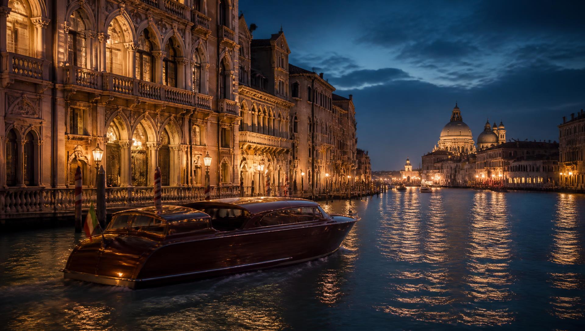 Private water taxi on the Grand Canal in Venice at dusk with lit palazzo facades