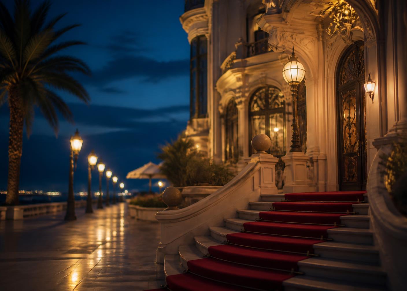 Lido di Venezia promenade and historic facade lit at evening