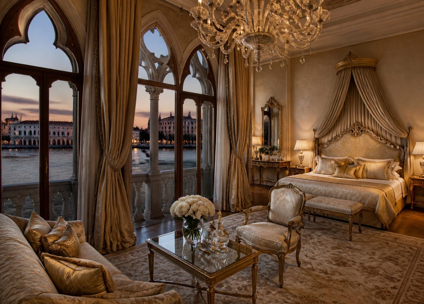 Venetian palazzo hotel suite with Murano chandelier and canal view at dusk