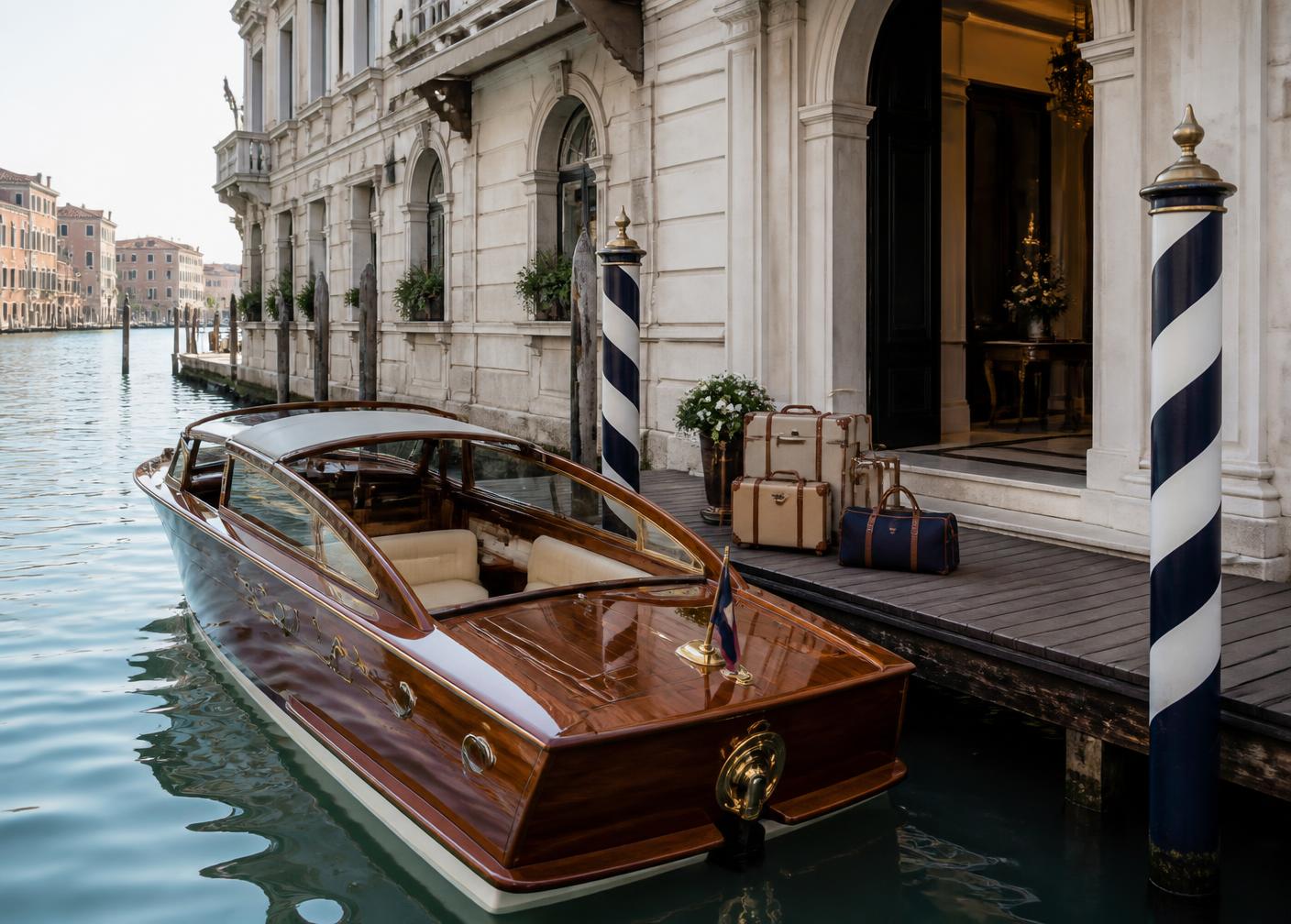 Mahogany private water taxi moored at a Venetian palazzo water entrance