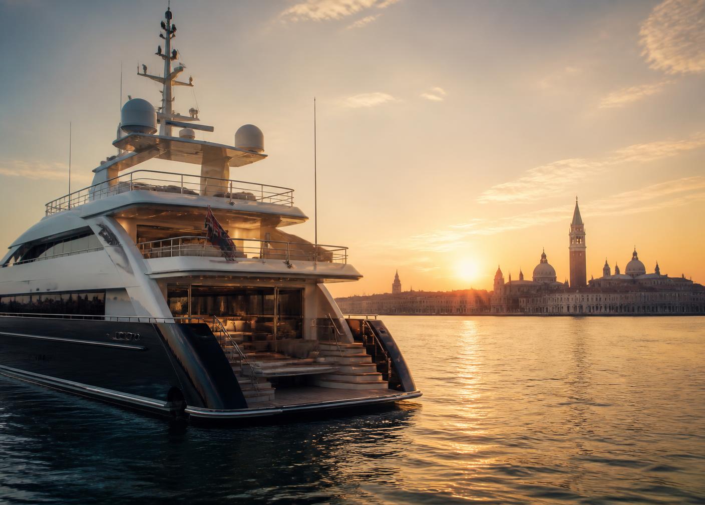 Superyacht anchored in the Venetian lagoon at golden hour with the city skyline behind