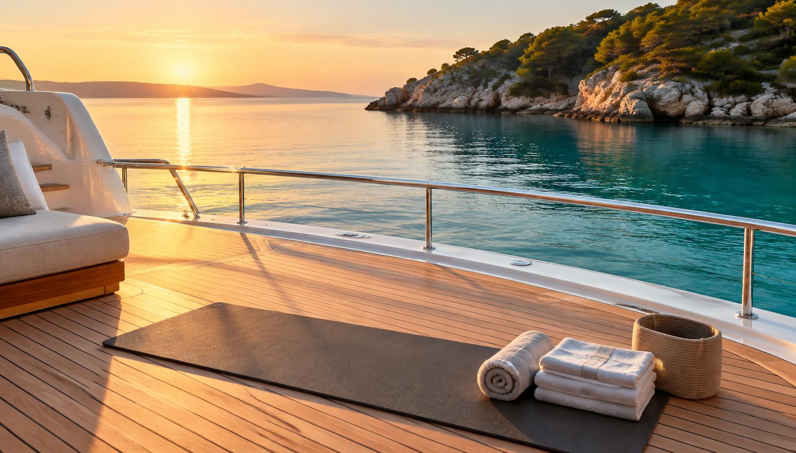 Yoga mat and towels on the teak deck of a private yacht at anchor at sunrise