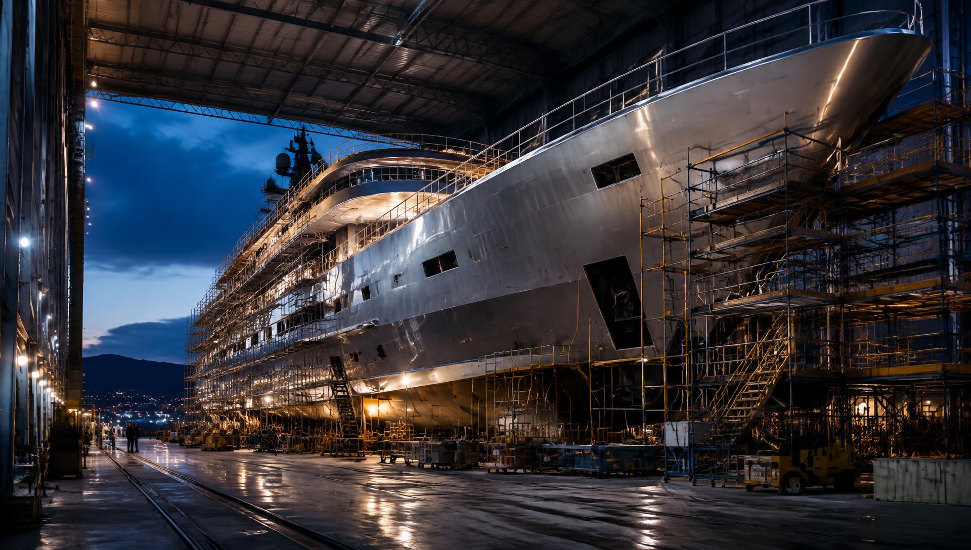 Superyacht hull under construction in a covered shipyard hall