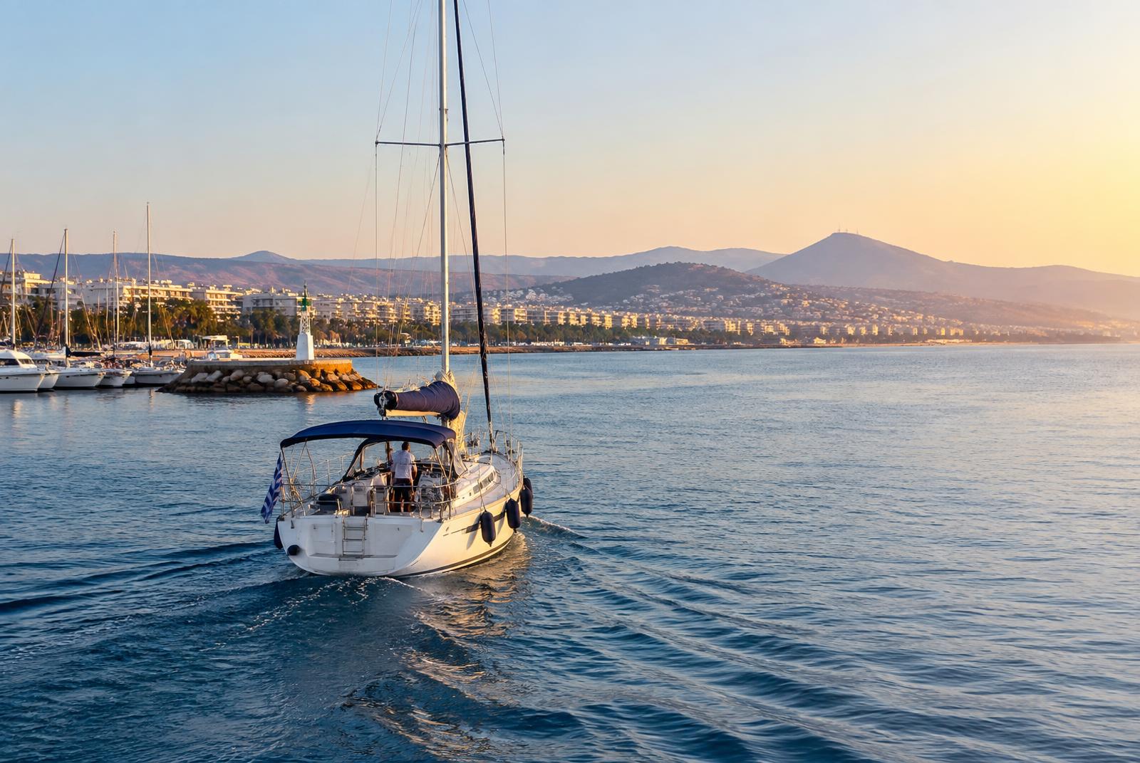 Sailing yacht leaving a marina on the Athens Riviera at sunrise