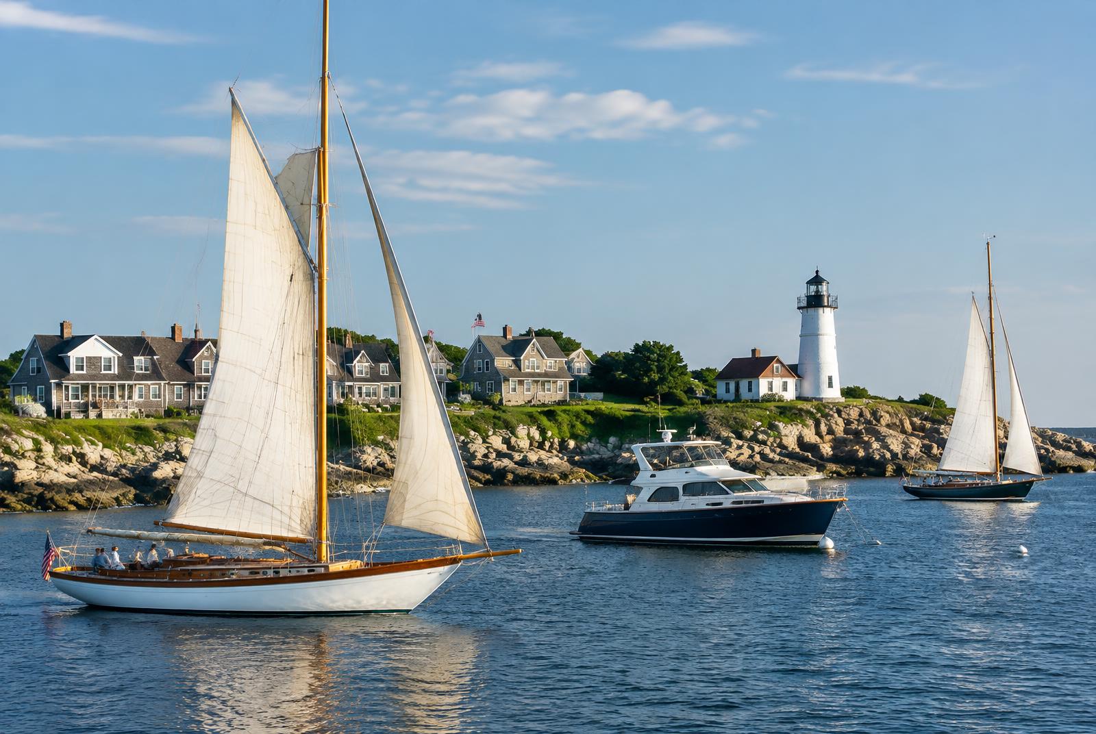 Classic sailing yacht and motor yacht in a New England harbour
