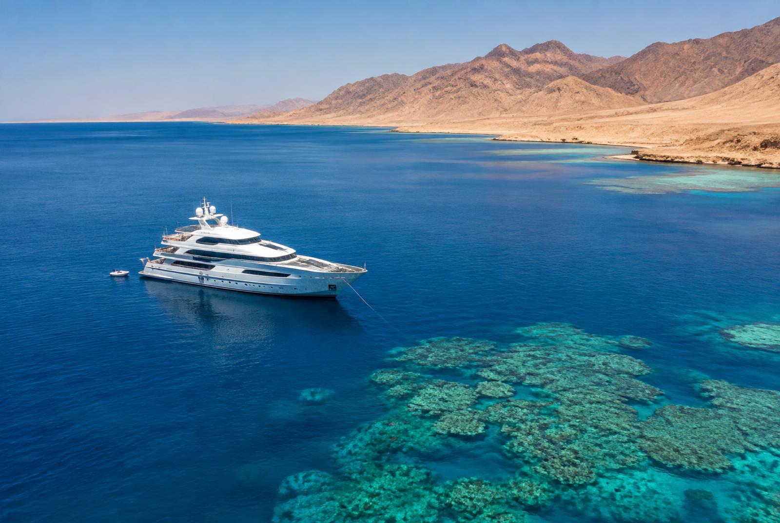 Yacht anchored over a coral reef beside a desert coastline in the Red Sea