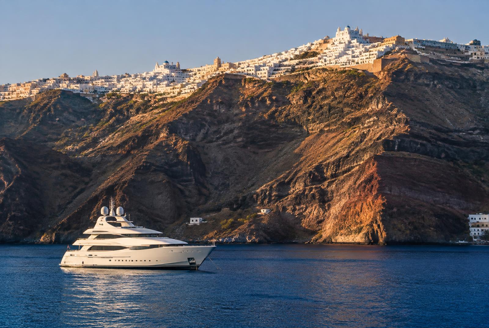Yacht approaching the Santorini caldera in the southern Cyclades