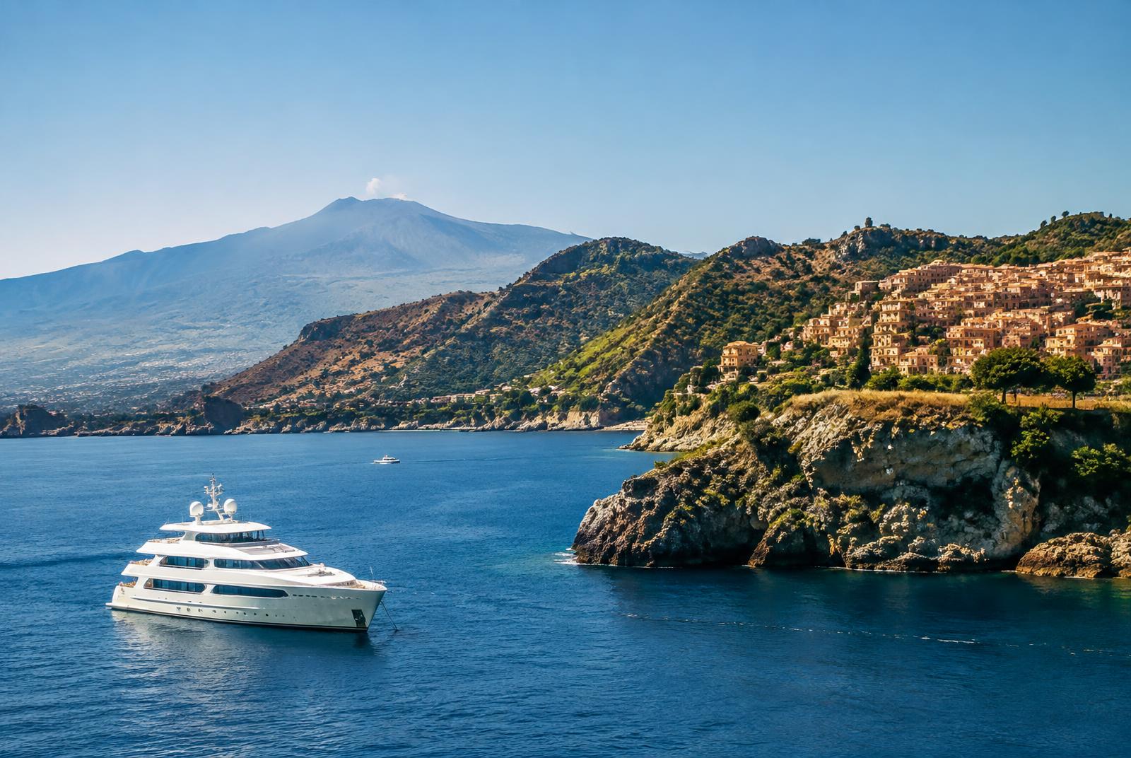 Yacht cruising the Sicilian coast with Mount Etna in the distance