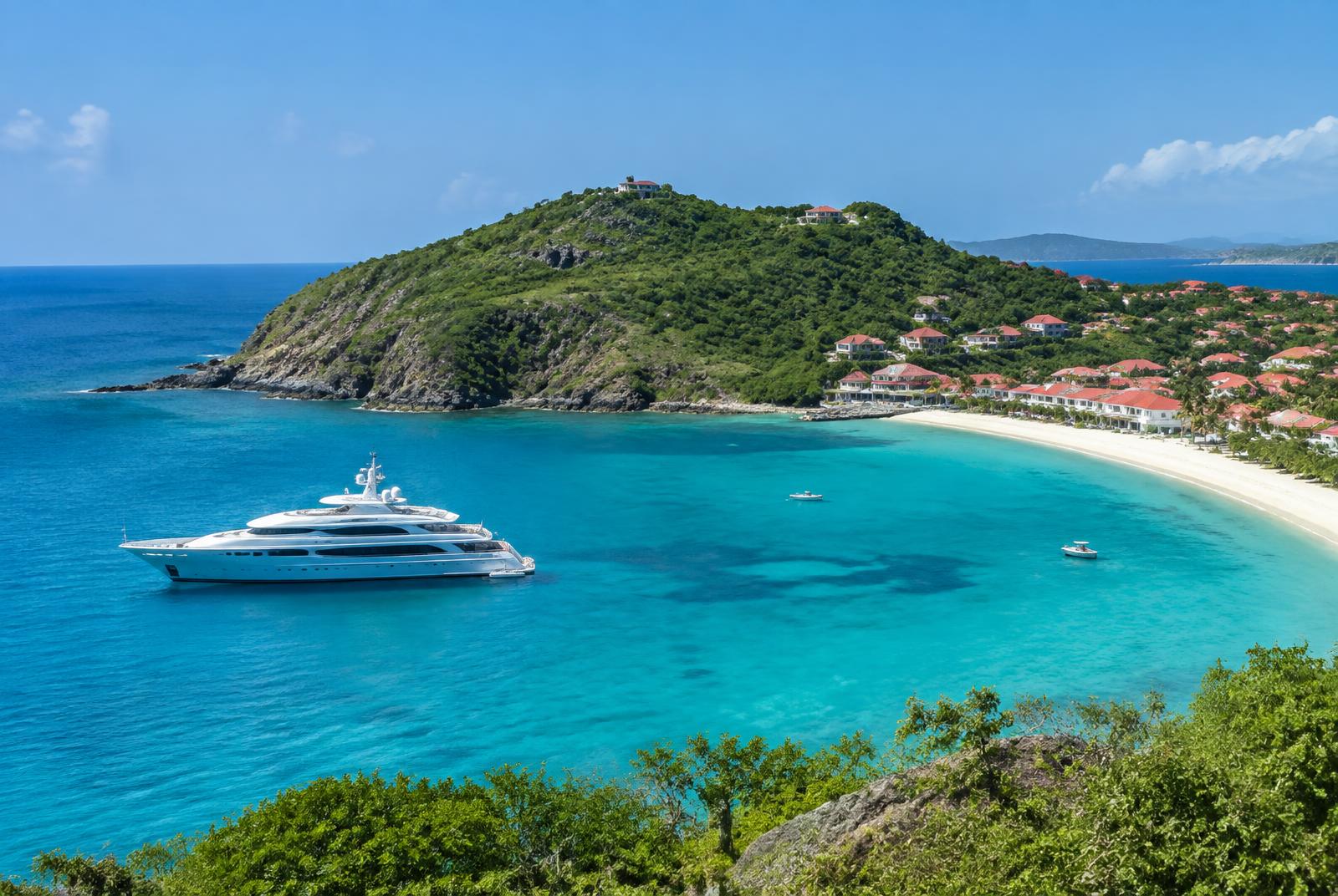 Yacht anchored off a Caribbean beach near Antigua